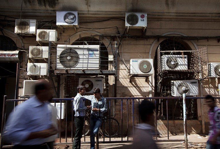 Congested air conditioning units on a building in Mumbai, India.