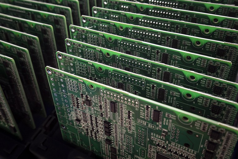 Rows of integrated circuit boards pictured at the Smart Pioneer Electronics factory in Suzhou, China.