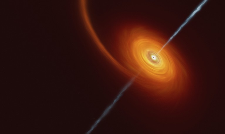 Illustration depicting how it might look when a star approaches too close to a black hole, where the star is ripped apart.