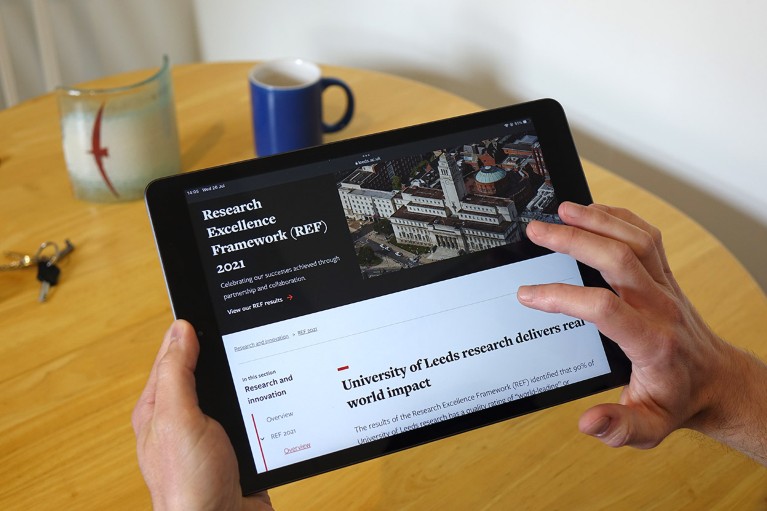 The University of Leeds 2021 Research Excellence Framework webpage viewed on a tablet screen.