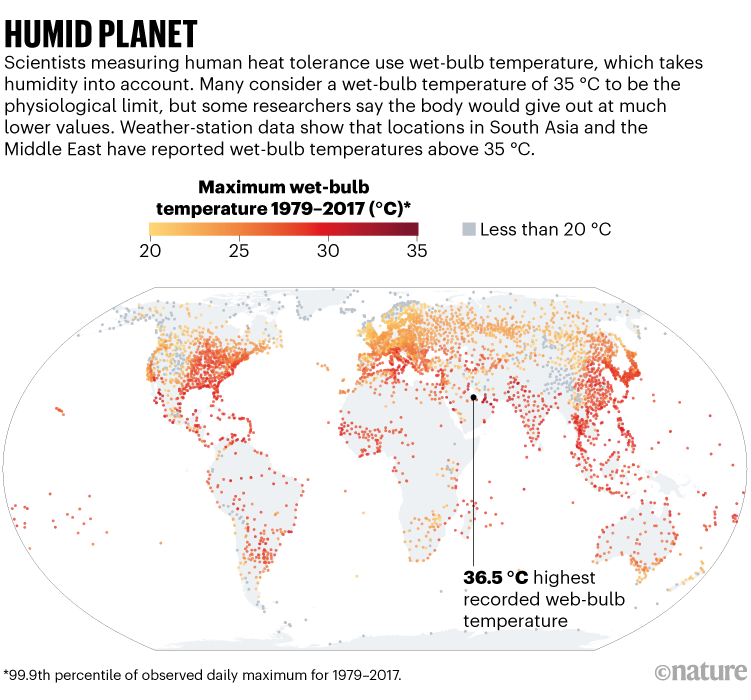 Humid planet: World map showing the locations of weather stations that have reported web-bulb temperatures nearing 35 °C.