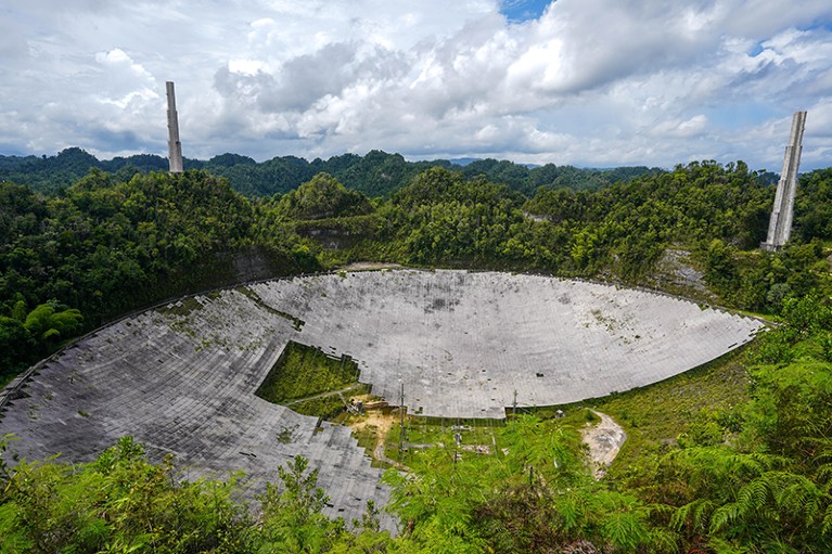 The partially disassembled dish of the Arecibo Observatory seen from a visitor observation deck on August 9, 2023.