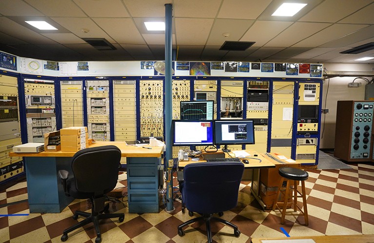 Old equipment in the empty control deck at the Arecibo Observatory being shut down after more than six decades of service.