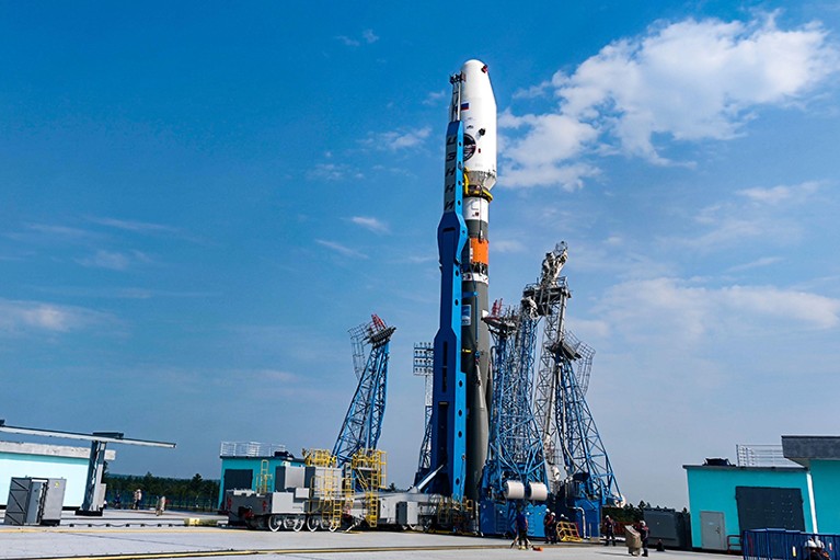 The Soyuz-2.1b rocket with the moon lander Luna 25 on the launch pad at the Vostochny Cosmodrome.