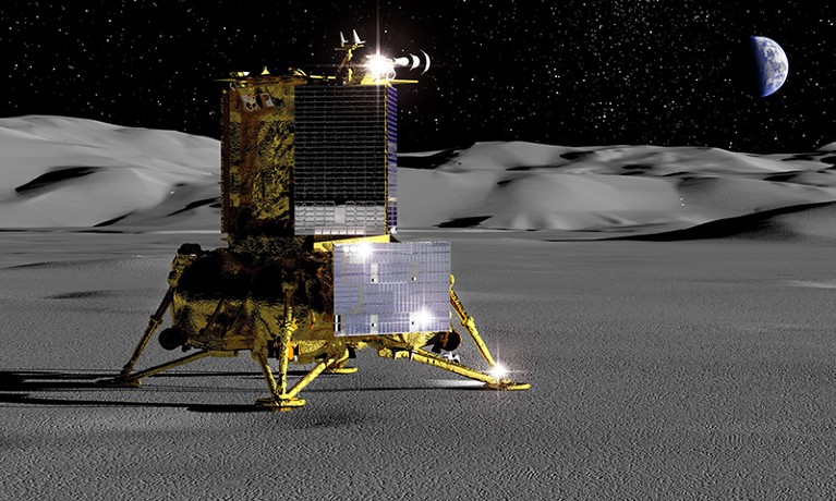 A 3D rendered artist's impression of the Russian Luna 25 lander on the lunar surface.