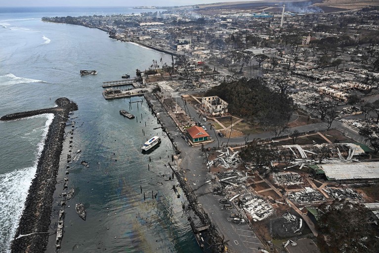 An aerial photo from August 10 shows destroyed buildings burned to the ground due to wildfires in western Maui, Hawaii.