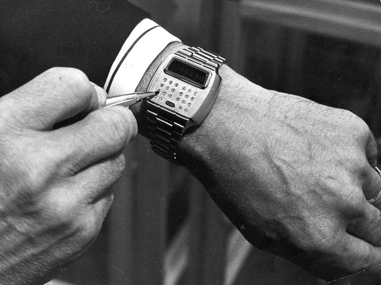 The first combined computer-calculator and wristwatch to be produced, known as 'Pulsar', 1977.