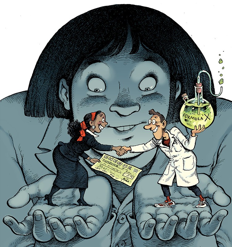 Cartoon showing a woman in a suit shaking hands with a scientist and giving him a cheque. Both are held by a giant researcher.