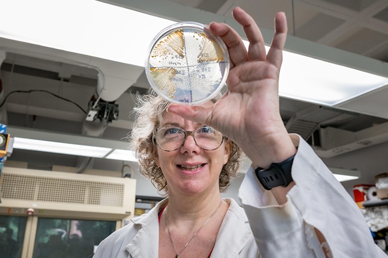 Kati Geszvain wearing a white lab coat and holding up a Petri dish in her lab.
