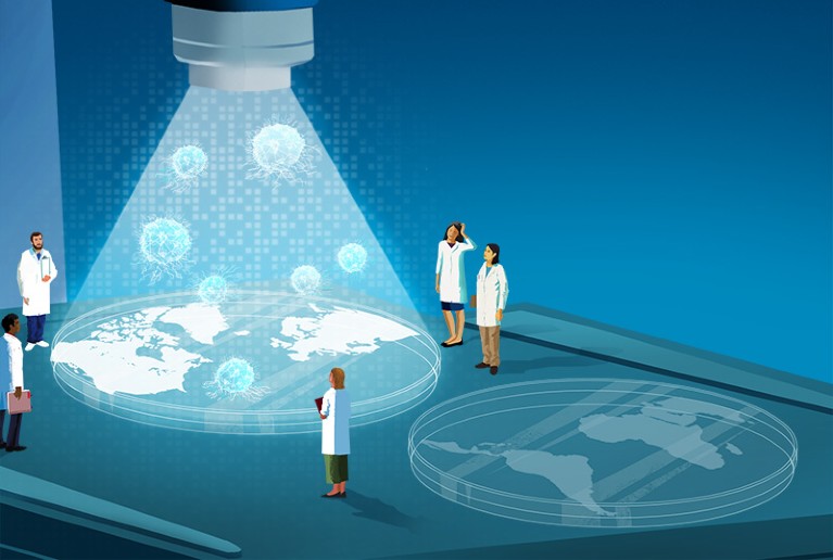 Conceptual illustration showing 5 people wearing white coats standing around a petri dish, cancer cells floating above