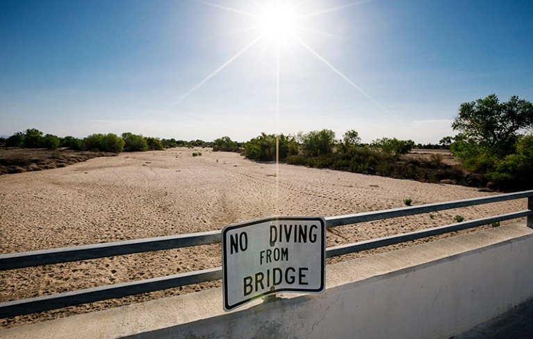 A bridge next to a sandy expanse. A sign on the railing says 'No diving from bridge'.