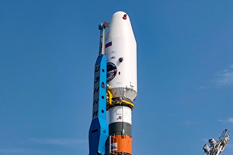The Soyuz-2.1b rocket with the moon lander Luna 25 pictured on the launch pad at the Vostochny Cosmodrome.