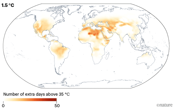 Heatwave projections. World map showing areas where the number of days above 35 C is projected to increase.