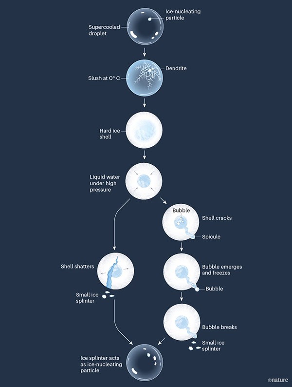 An infographic shows how droplets freeze inside a cloud.
