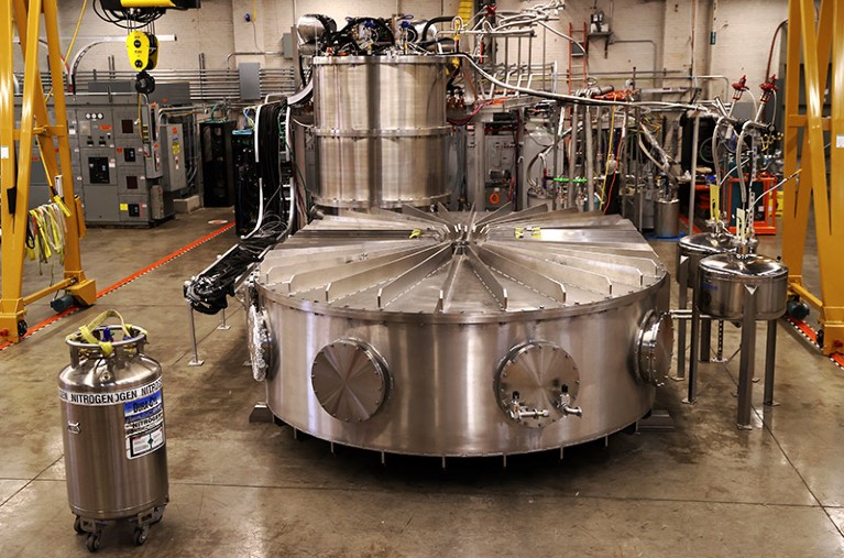 A cryostat that housed a high-temperature superconducting magnet at the MIT Plasma Science and Fusion Center.