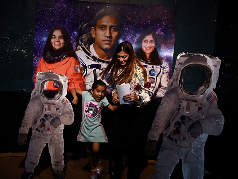 A mother along with her daughter arrives to watch landing of Chandrayaan-3's Vikram lander on Moon.