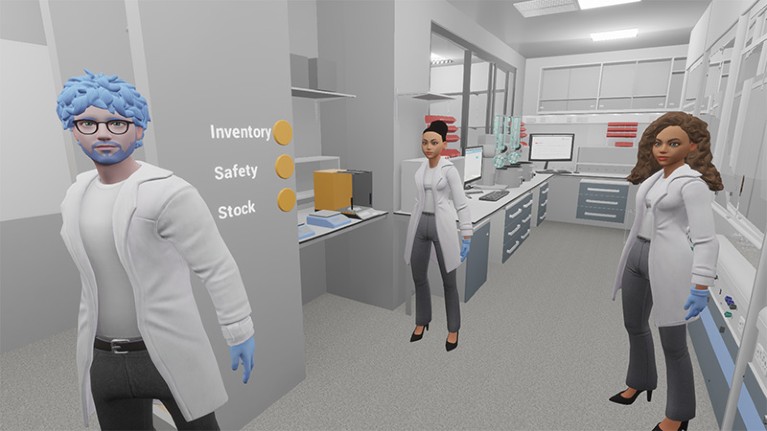 Three avatars wearing white lab coats stand in the lab