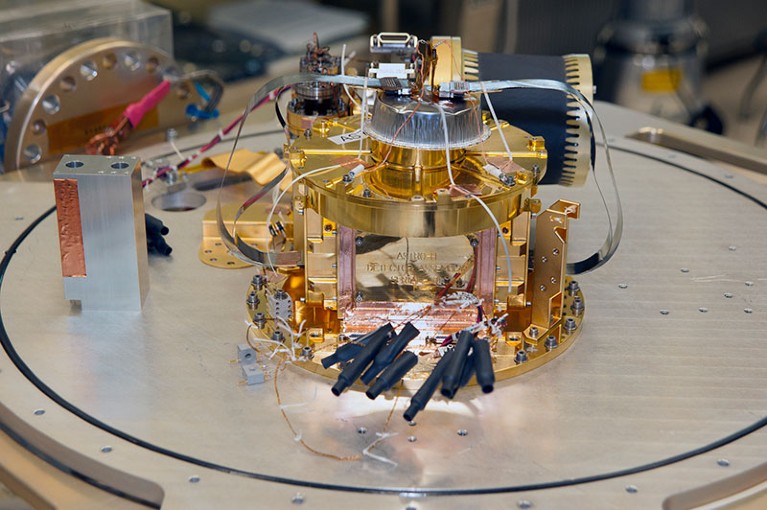 Close-up view of the XRISM calorimeter spectrometer insert.