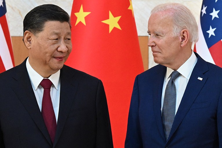 US President Joe Biden (R) and China's President Xi Jinping (L) at the Bali G20 Summit in 2022.