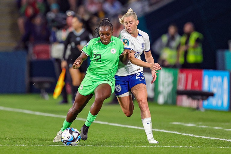 Michelle Alozie competes with Alessia Russo during the FIFA Women's World Cup 2023 match between England and Nigeria.