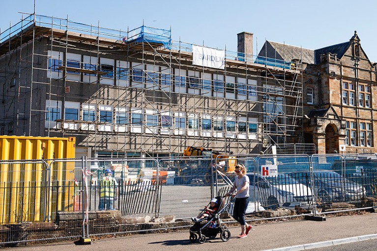 A general view of scaffolding at Balbardie Primary School in Scotland.