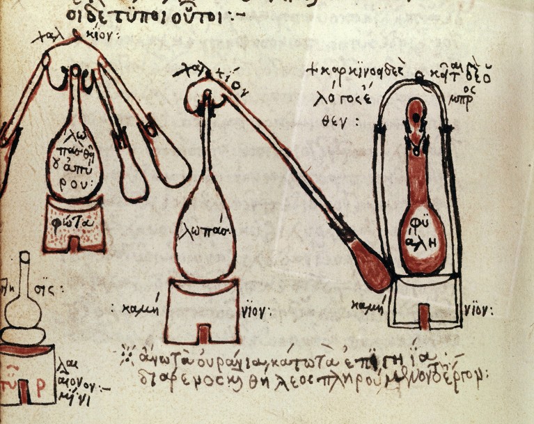 Hand-drawn sketch of retorts and stills used in alchemy from a 15th-century Greek manuscript