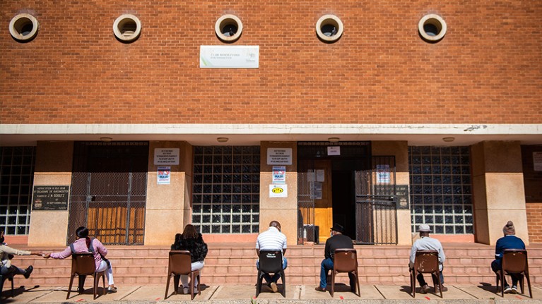 People wait in a queue at the Pretoria North Club Rendezvous vaccination site for educators and support staf, South Africa.