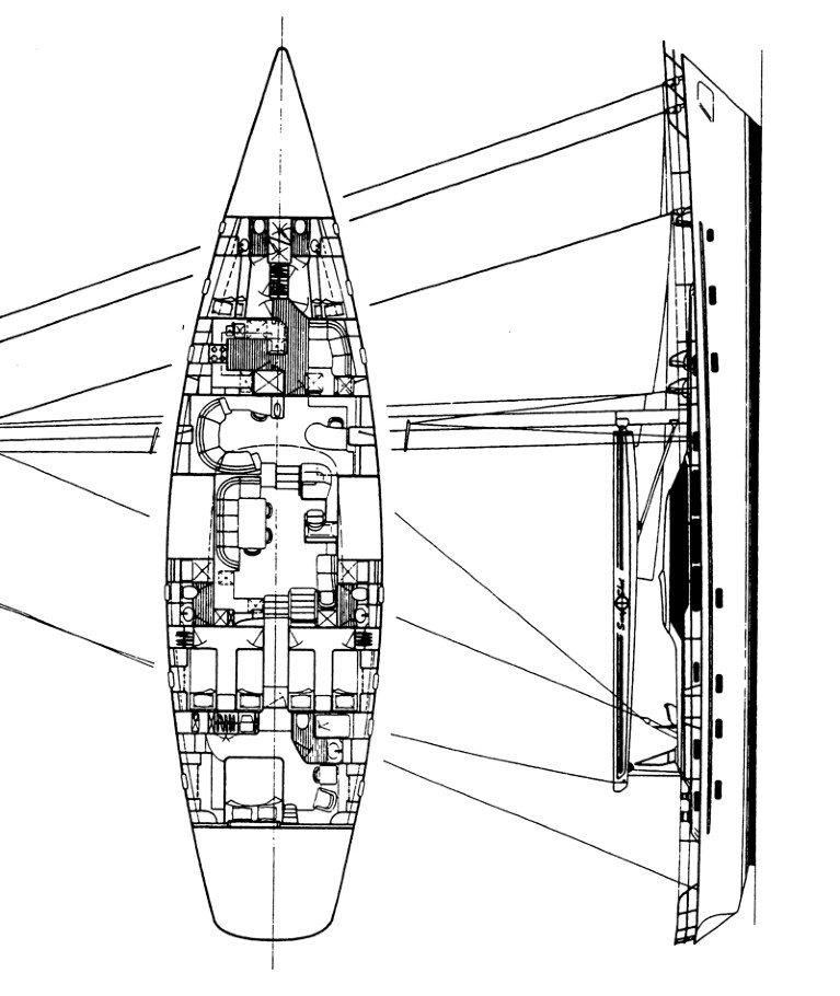 Top- and side-view plan of the Sorcerer II sailing yacht.