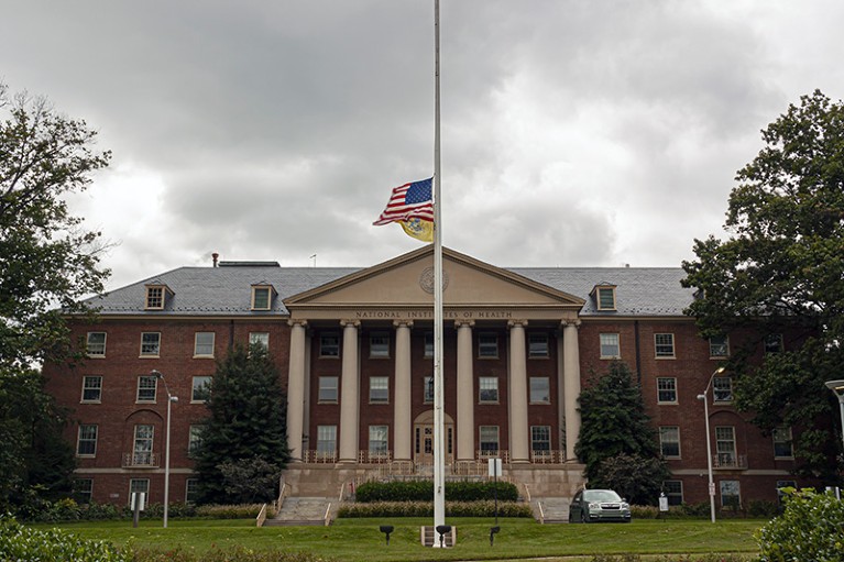 Exterior view of the main historical building of the National Institutes of Health (NIH) in Bethesda, Maryland, U.S.