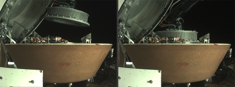 A composite of two images showing NASA’s OSIRIS-REx Sample Return Capsule before and after the Touch-And-Go Sample Acquisition.