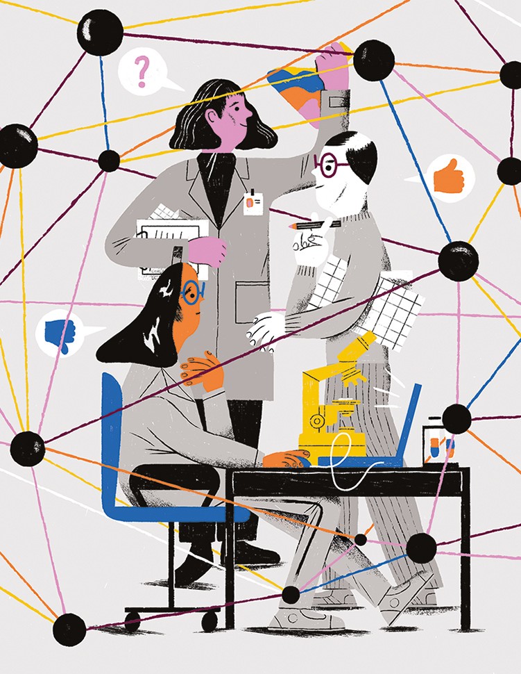 Conceptual illustration showing scientists surrounded by neural network.