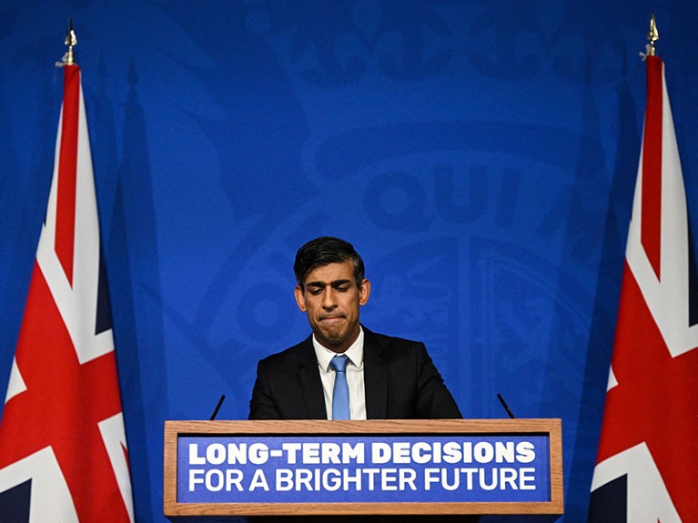 British Prime Minister Rishi Sunak responds by giving a speech at a press conference on net zero emissions.