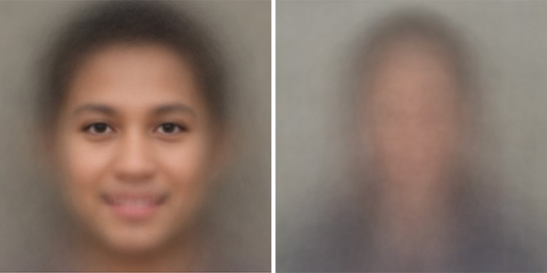 The average of 400 StyleGAN2 faces and 400 real profile photos