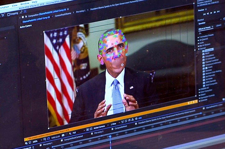 Still from a fake video of former President Obama with facial mapping used to make people say things they've never said.