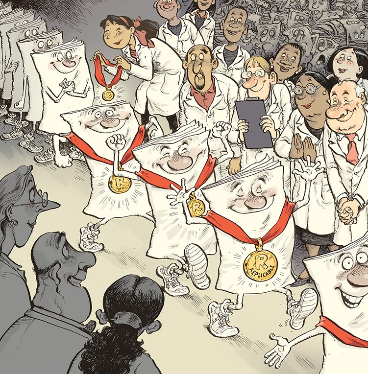 Cartoon research papers wearing gold medals march proudly through a group of lab-coat-wearing scientists