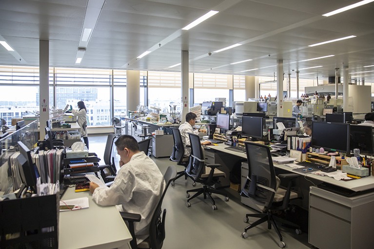A few people wearing white coats are seated at rows of desks with computers, in a lab with windows in the background