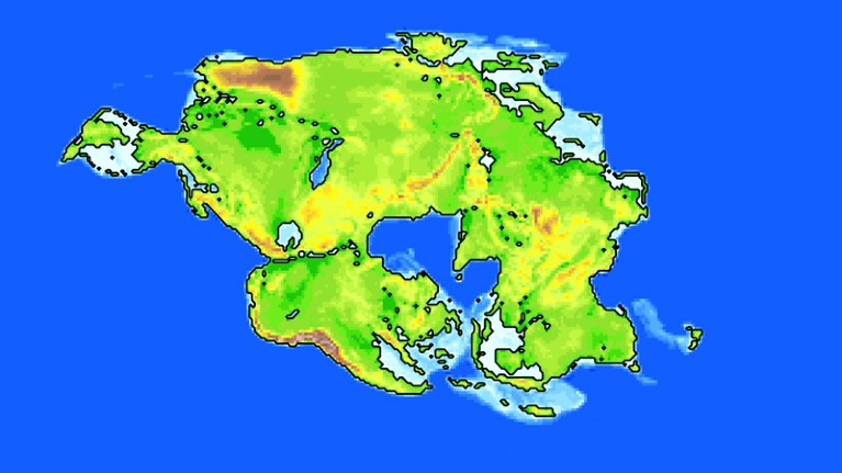 Illustration of the geography of future Earth in 250 million years time.