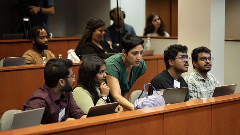Rumman Chowdhury with students participating in a test of Artificial Intelligent chatbots at Howard University.