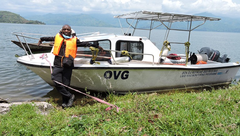 Charles Balagizi on the shoreline of Lake Kivu while conducting field activities on the lake.