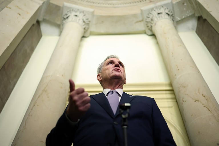 Speaker of the House Kevin McCarthy (R-CA) speaks with reporters in the U.S. Capitol Building in Washington, D.C.