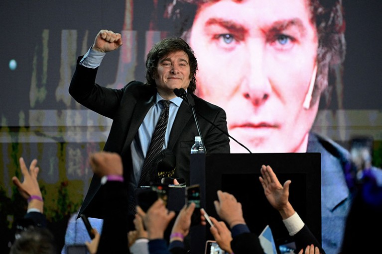 Argentine presidential candidate for La Libertad Avanza Alliance Javier Milei gestures during a campaign rally.