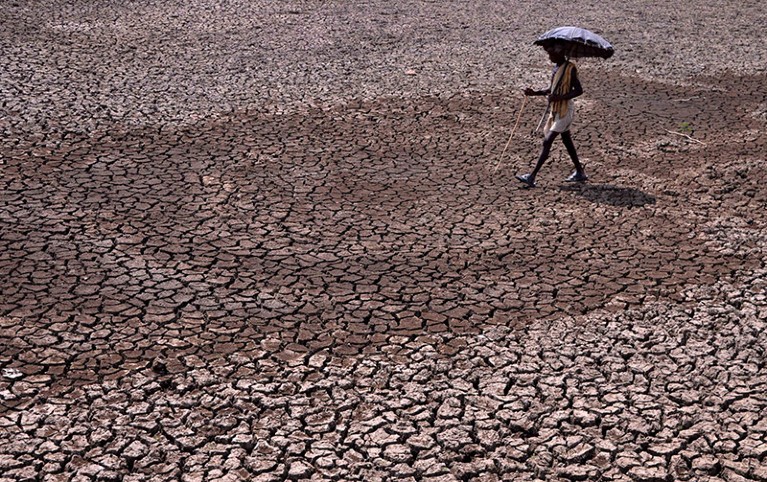 An Indian resident holds an umbrella as he walks across a dried-up pond on the outskirts of eastern Bhubaneswar in 2015.
