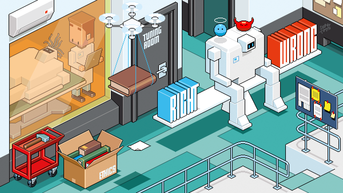 A cartoonish illustration showing a robots tuning shop, in the examination room there is a robot being tuned.