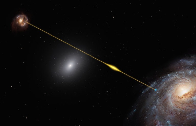 Artist’s impression of a fast radio burst traveling through space and reaching Earth.