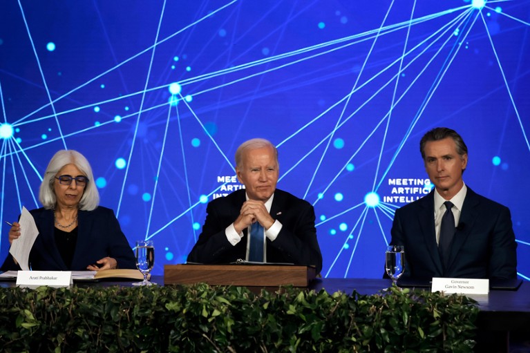 U.S. President Joe Biden, Gavin Newsom and Dr. Arati Prabhakar at an artificial intelligence meeting