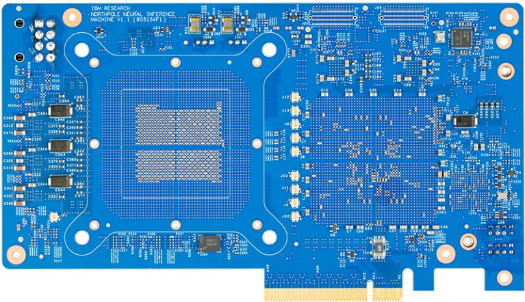 Photograph of assembled NorthPole PCIe printed circuit board (PCB).