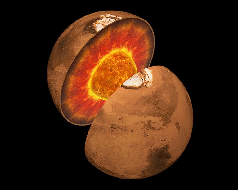 The internal structure of Mars as a cutaway computer illustration showing the molten core of iron centre.