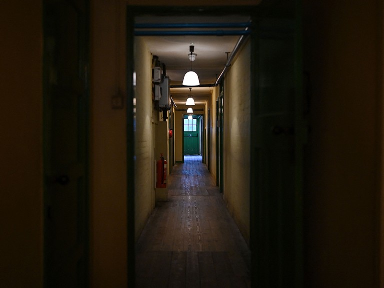 Dark corridors are seen inside Hut 8 at Bletchley Park, near Milton Keynes, north of London on October 26, 2023.