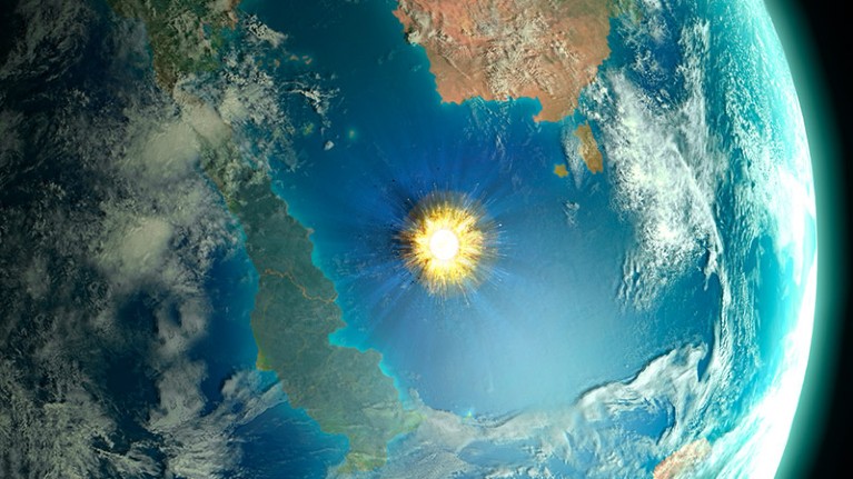 Artists impression of a bright explosion in the middle of an ocean, seen from space.