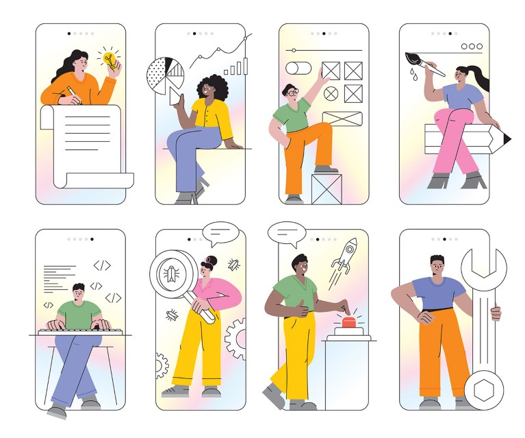 Concept art illustration showing eight scenes of people creating a mobile application